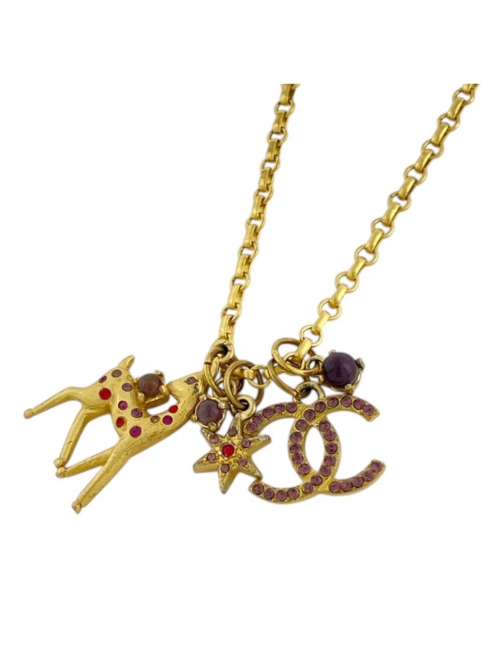 Chanel Necklace CC Logo Bambi Deer Motif Rhinestone Gold Red